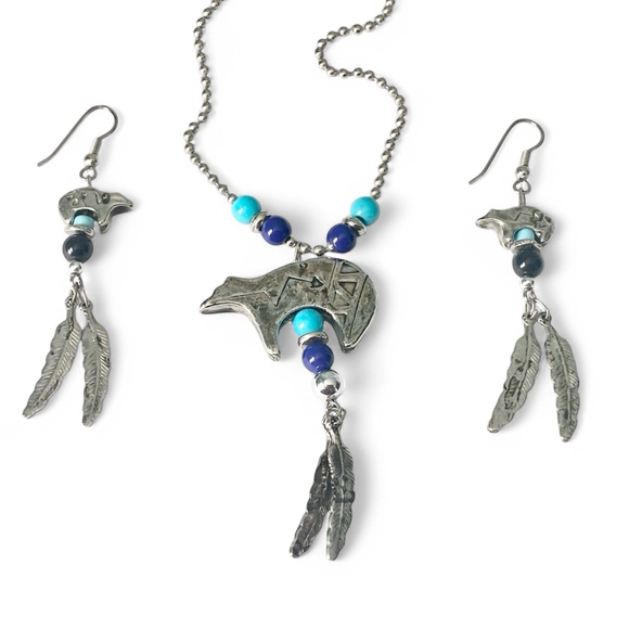 Native American Necklace & Earring Set Silver Bear Feathers Turquoise Blue Beads - Picture 1 of 6